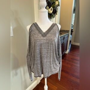 Express Gray V-Neck Long Sleeve Shoulderless Top